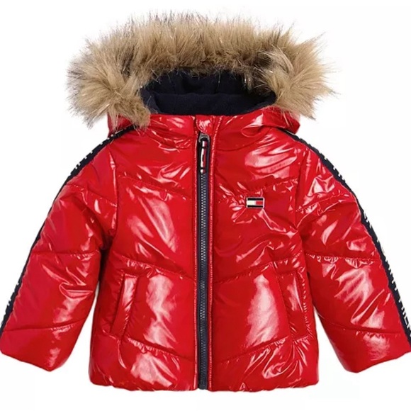NWT Tommy Hilfiger Girls 3T Chevron Red High-Shine Logo Puffer Winter Coat